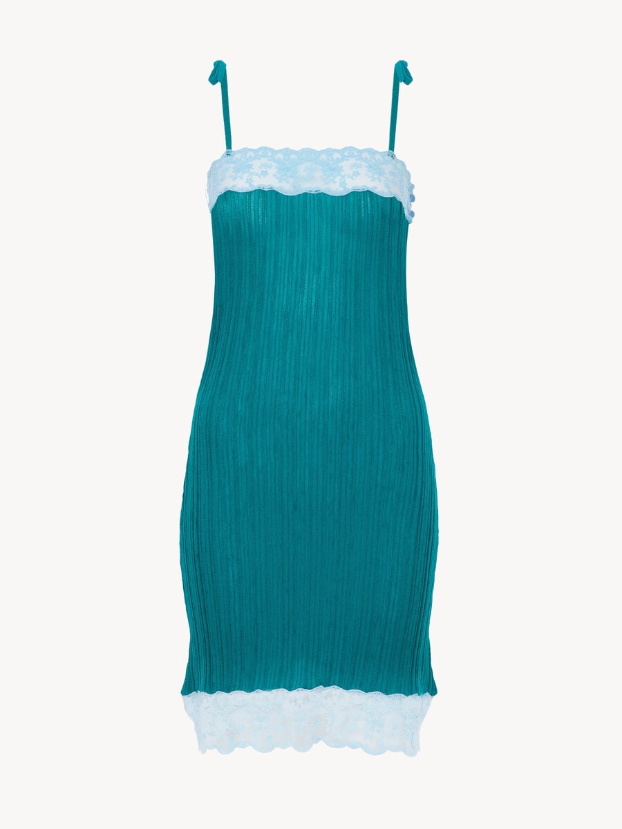 K&ouml;rperbetontes &auml;rmelloses Minikleid aus Wollstrick und Spitze - 2