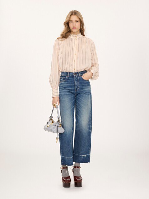 Gathered blouse in cotton & silk poplin