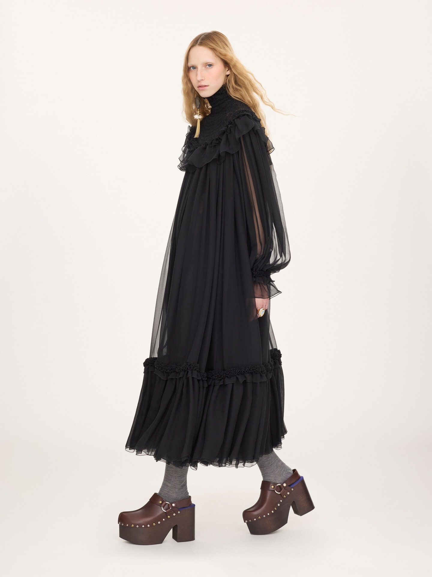 Robe midi col montant &agrave; volants en mousseline de soie - 6.0