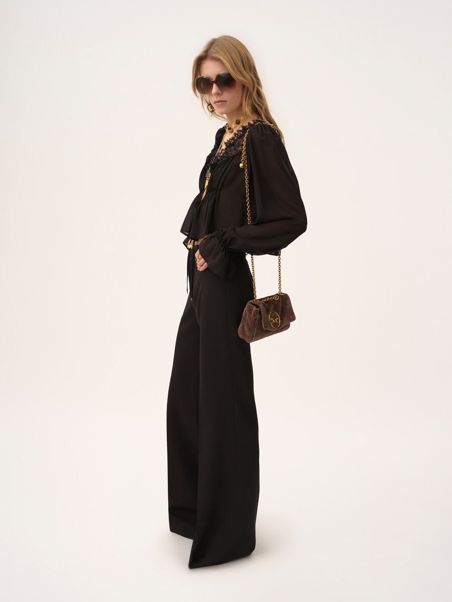 Scoop-neck cropped top in silk georgette & lace - 3