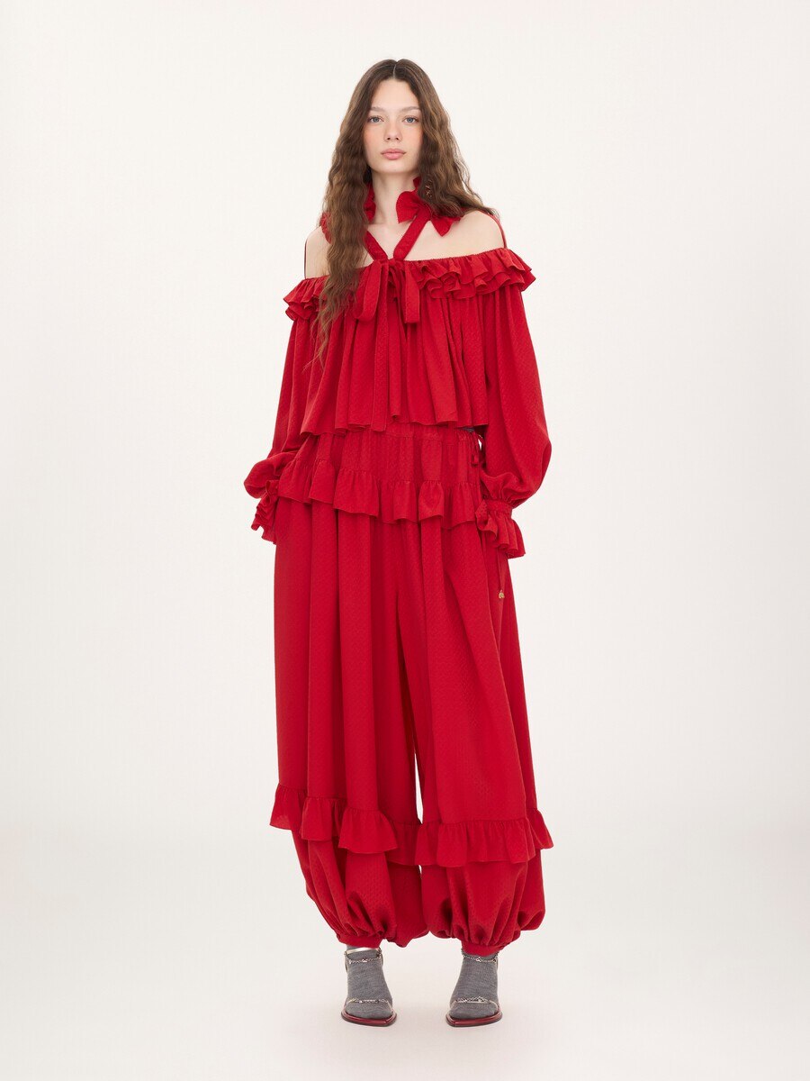 Fluid ruffled trousers in silk jacquard - 3
