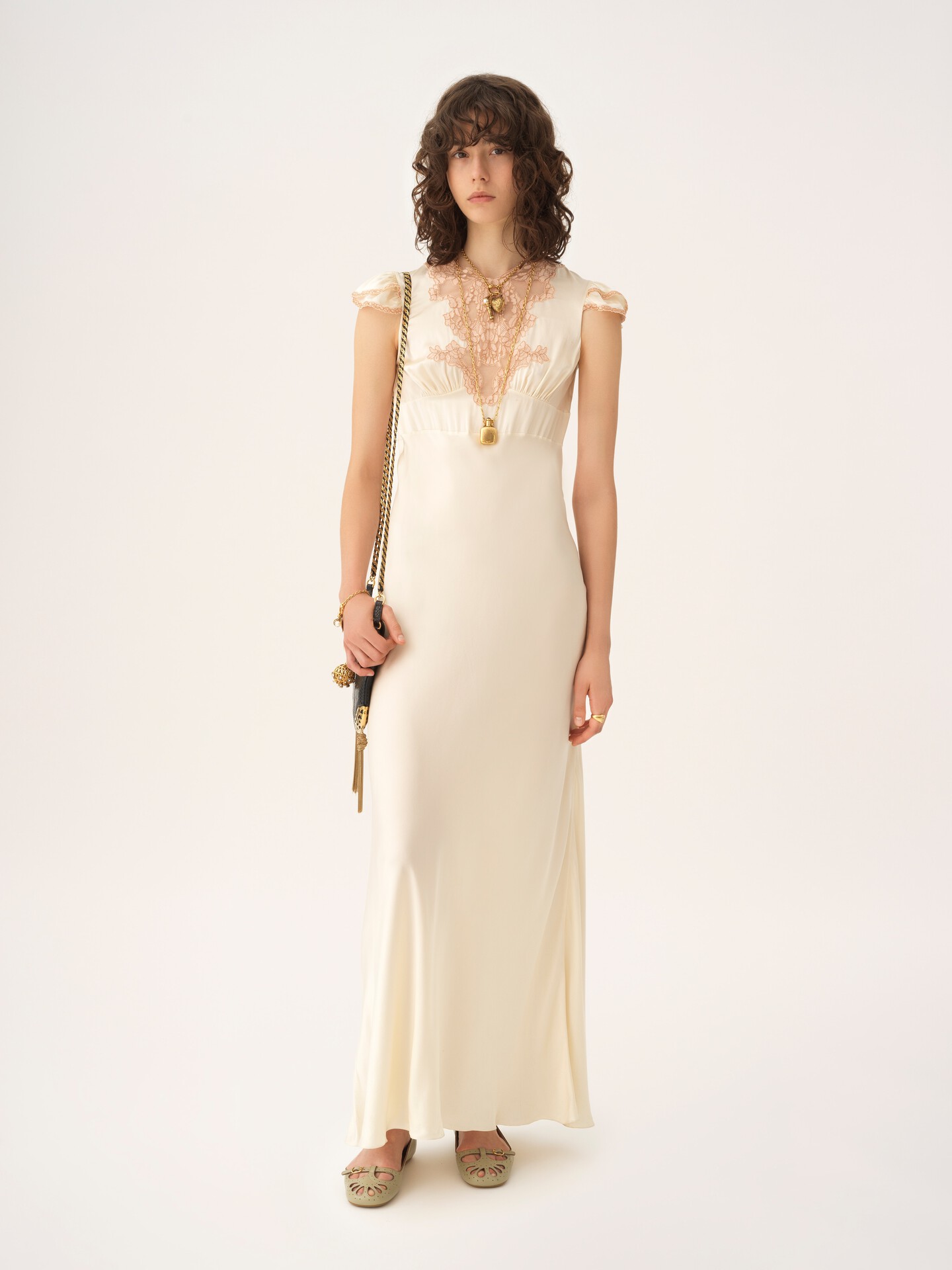 Cap-sleeve column dress in washed silk satin & lace - 3