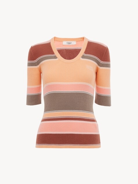 Elbow-sleeve fitted logo top in cotton knit