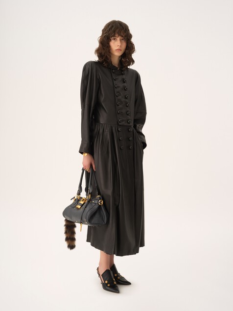 Oversized long riding coat in leather