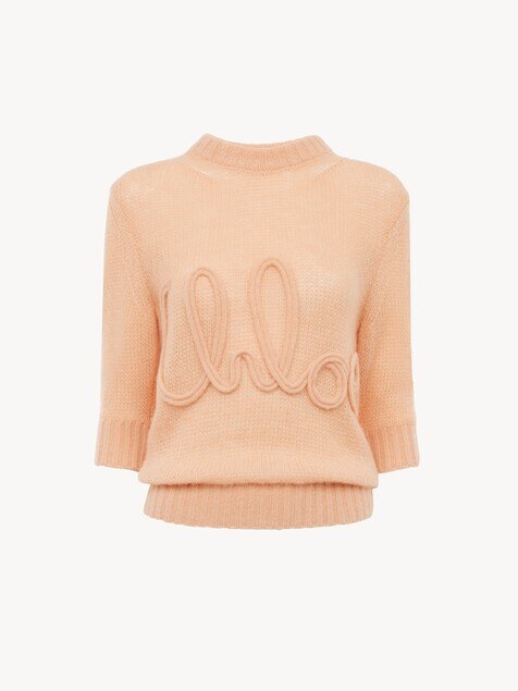 Elbow-sleeve logo sweater in alpaca wool & silk knit