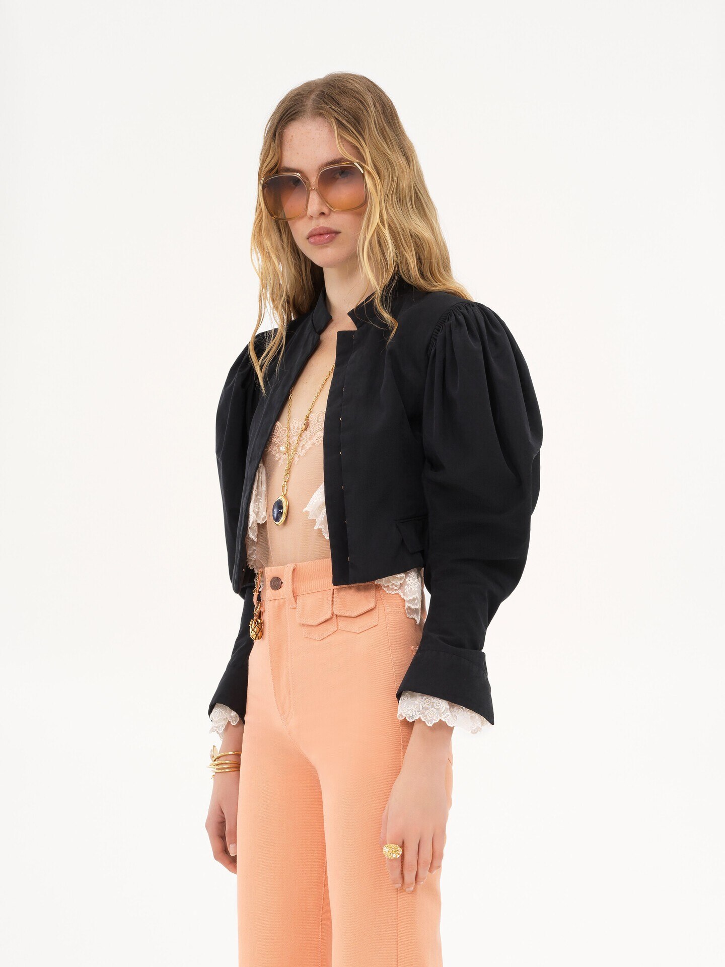 Puff-sleeve cropped jacket in silk faille - 4