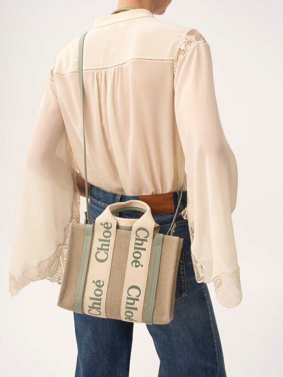 Small Woody tote bag in linen - 3