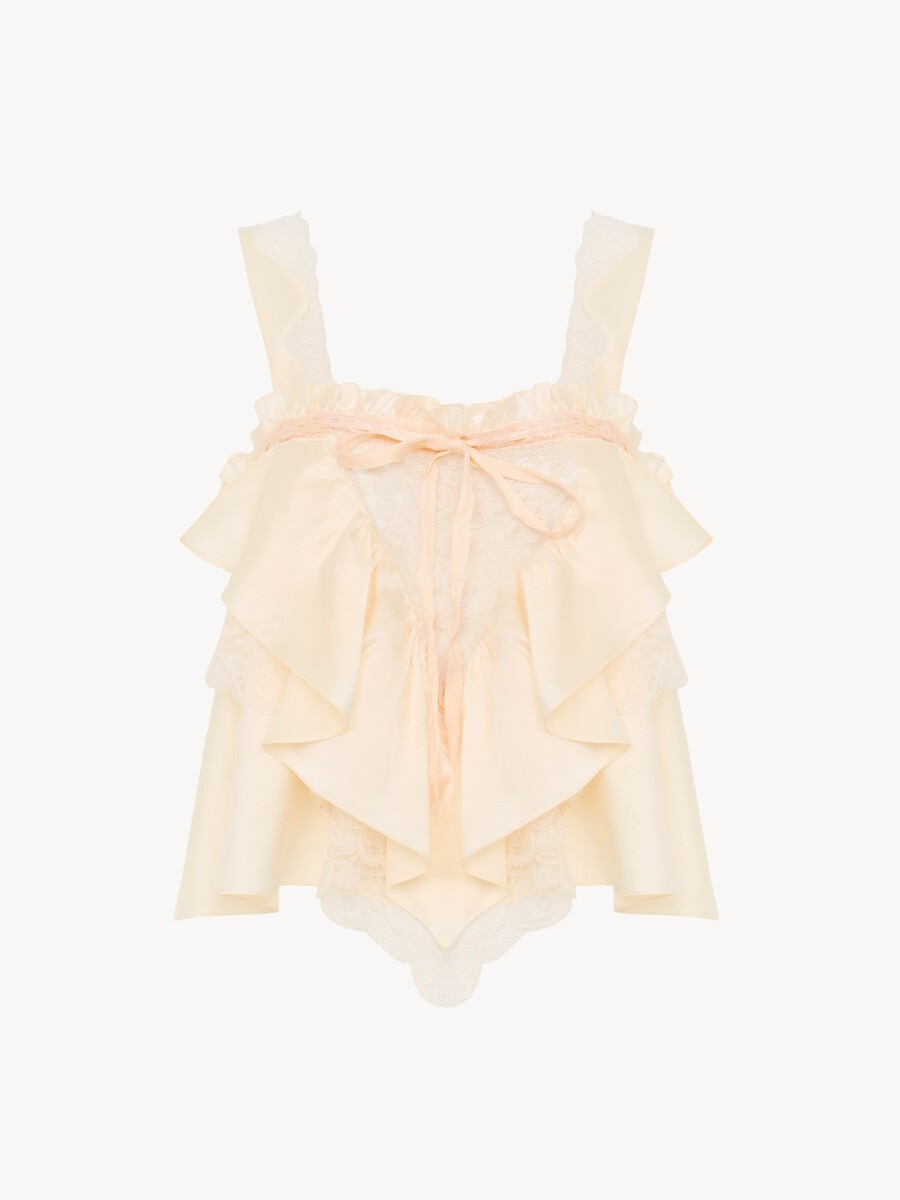 Sleeveless ruffle top in washed silk satin & lace - 2