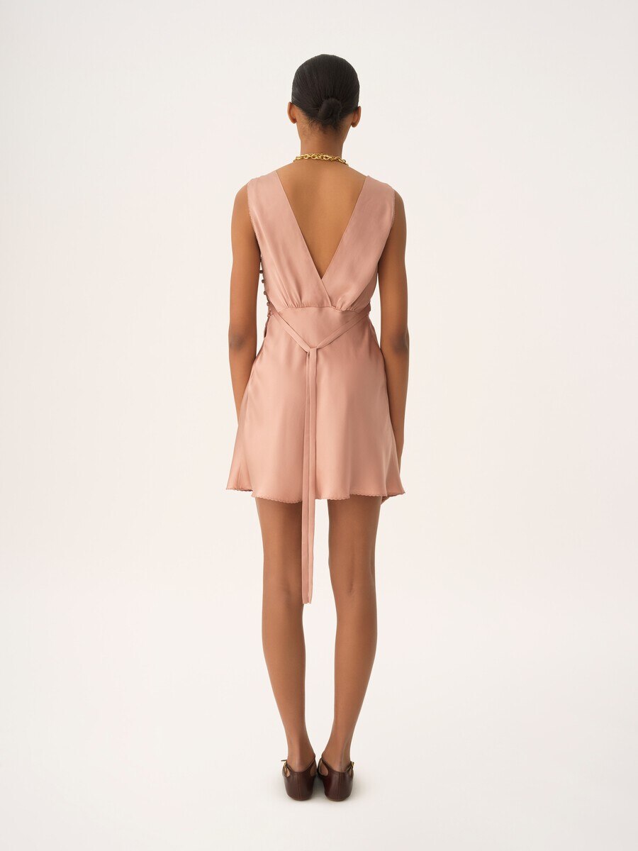 Sleeveless mini dress in washed silk satin & lace - 5