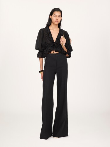 Cropped V-neck ruffle top in silk georgette & lace - 2