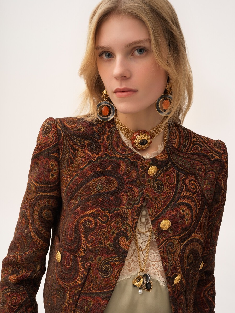 Boxy collarless jacket in tapestry jacquard - 8