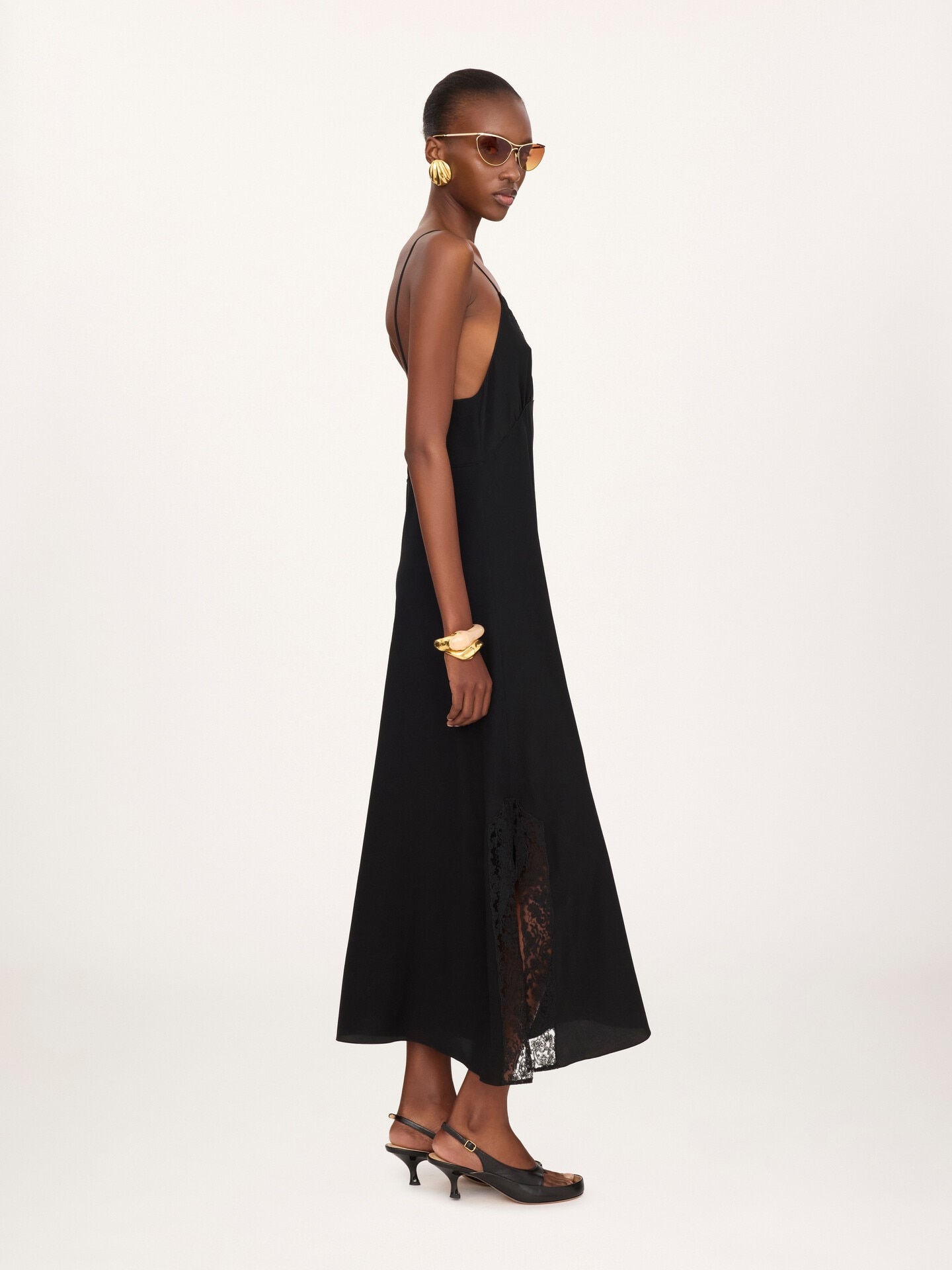 크레이프 드 신 & 레이스 롱 란제리 드레스 - 5