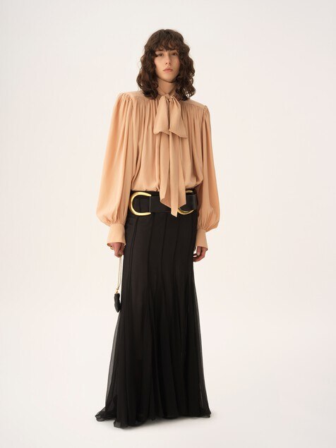 Oversized gathered lavalli&egrave;re blouse in cr&ecirc;pe de chine