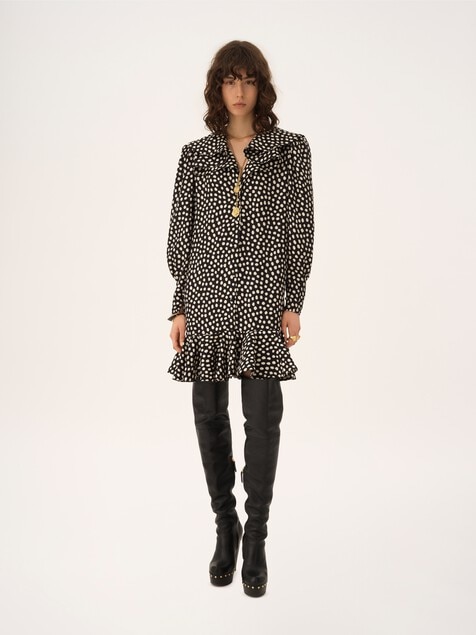 Mini robe manches longues en soie jacquard