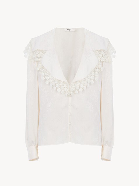 Maxi-collar blouse in silk jacquard & lace