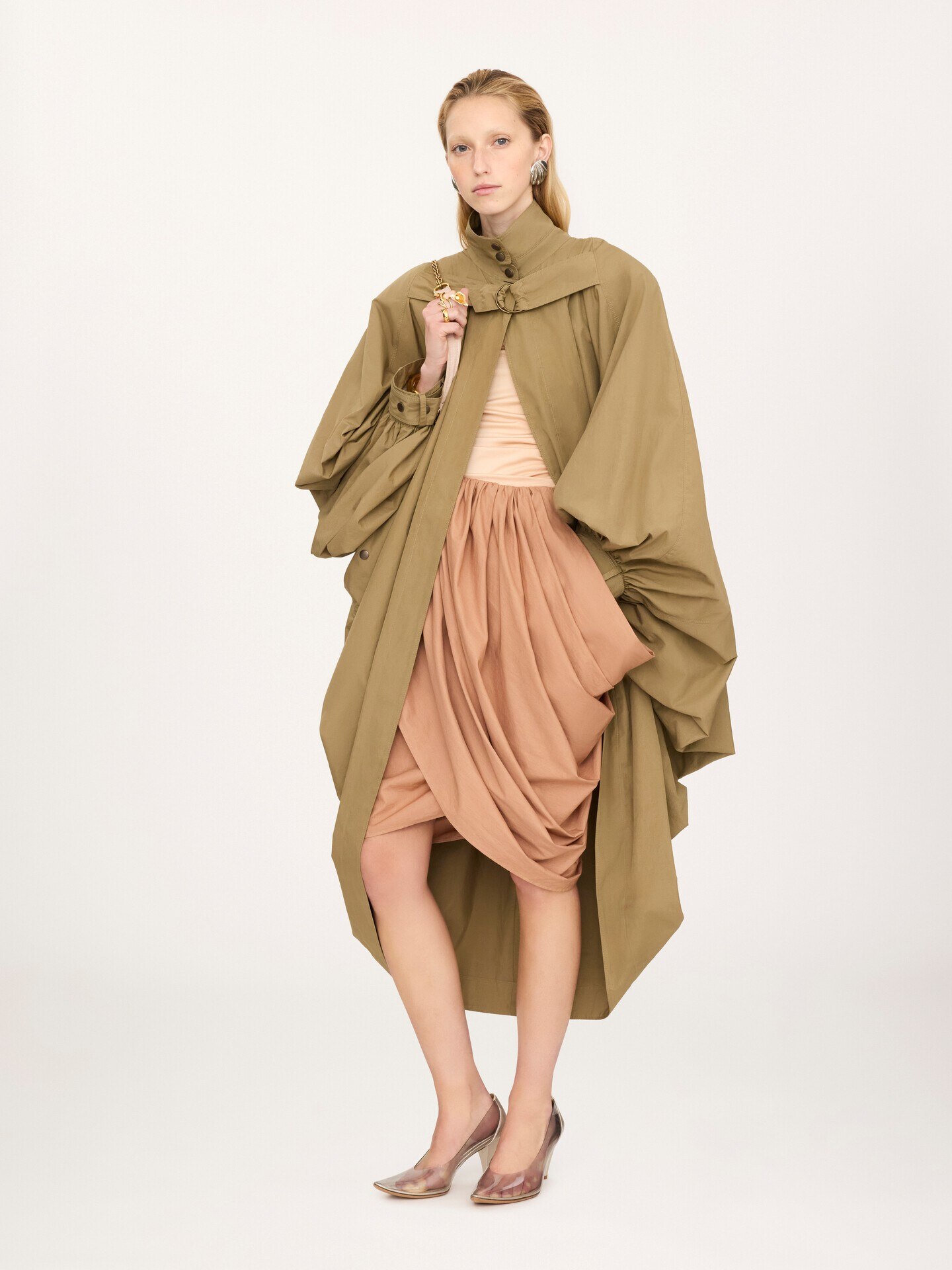 High-neck oversized cape coat in cotton poplin - 3