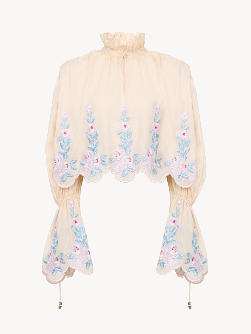 High-neck puff-sleeve top in technical taffeta