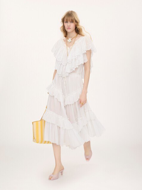 Cropped V-neck ruffle top in cotton voile & lace