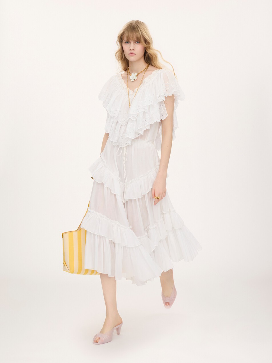 Cropped V-neck ruffle top in cotton voile & lace