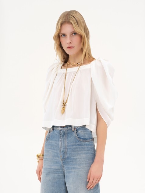 Puff-sleeve pleated top in silk poplin
