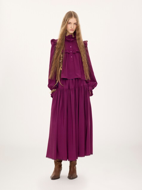 Ruffled high-neck top in silk jacquard