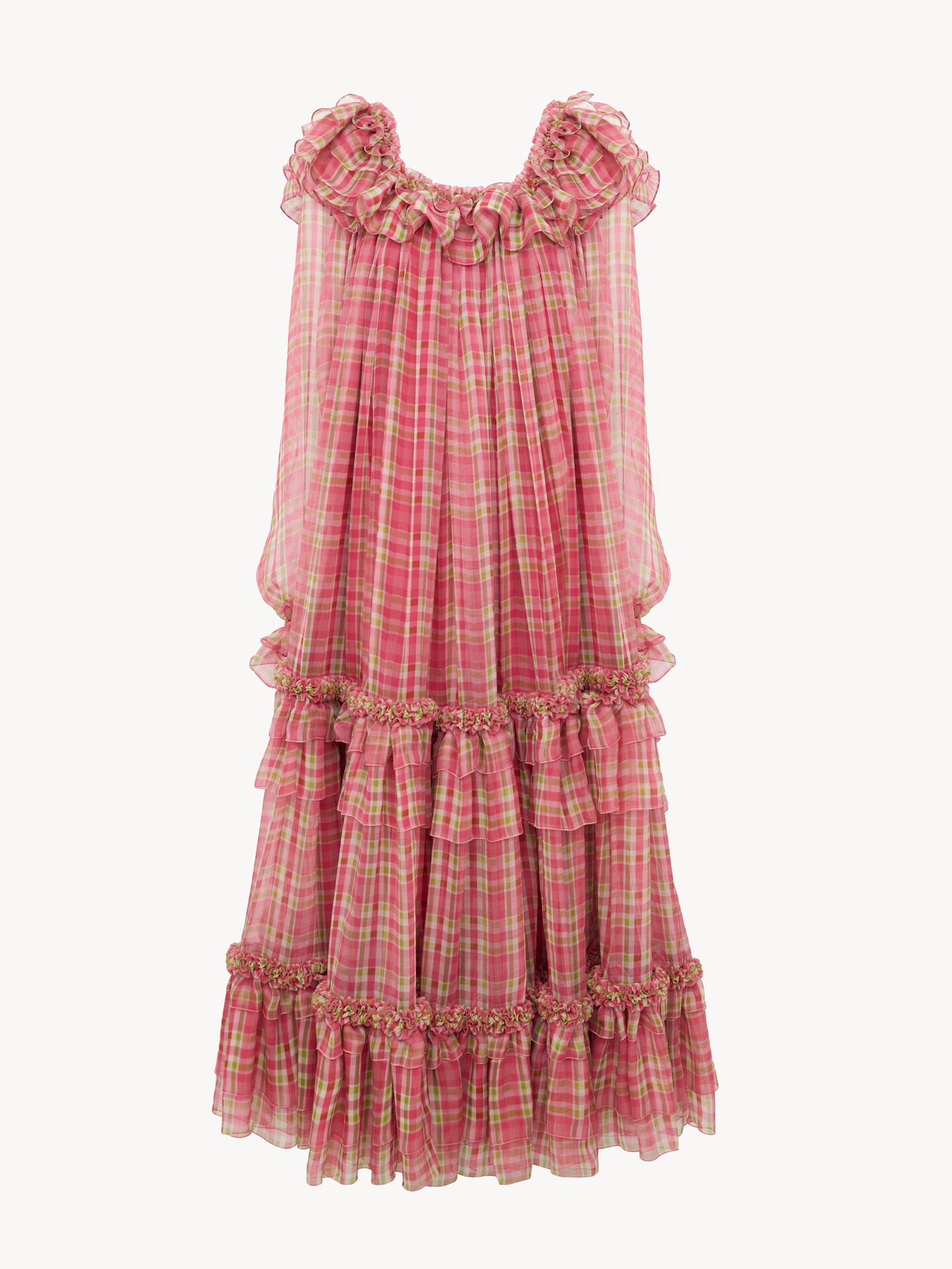 Square-neck midi dress in check silk mousseline - 2.0