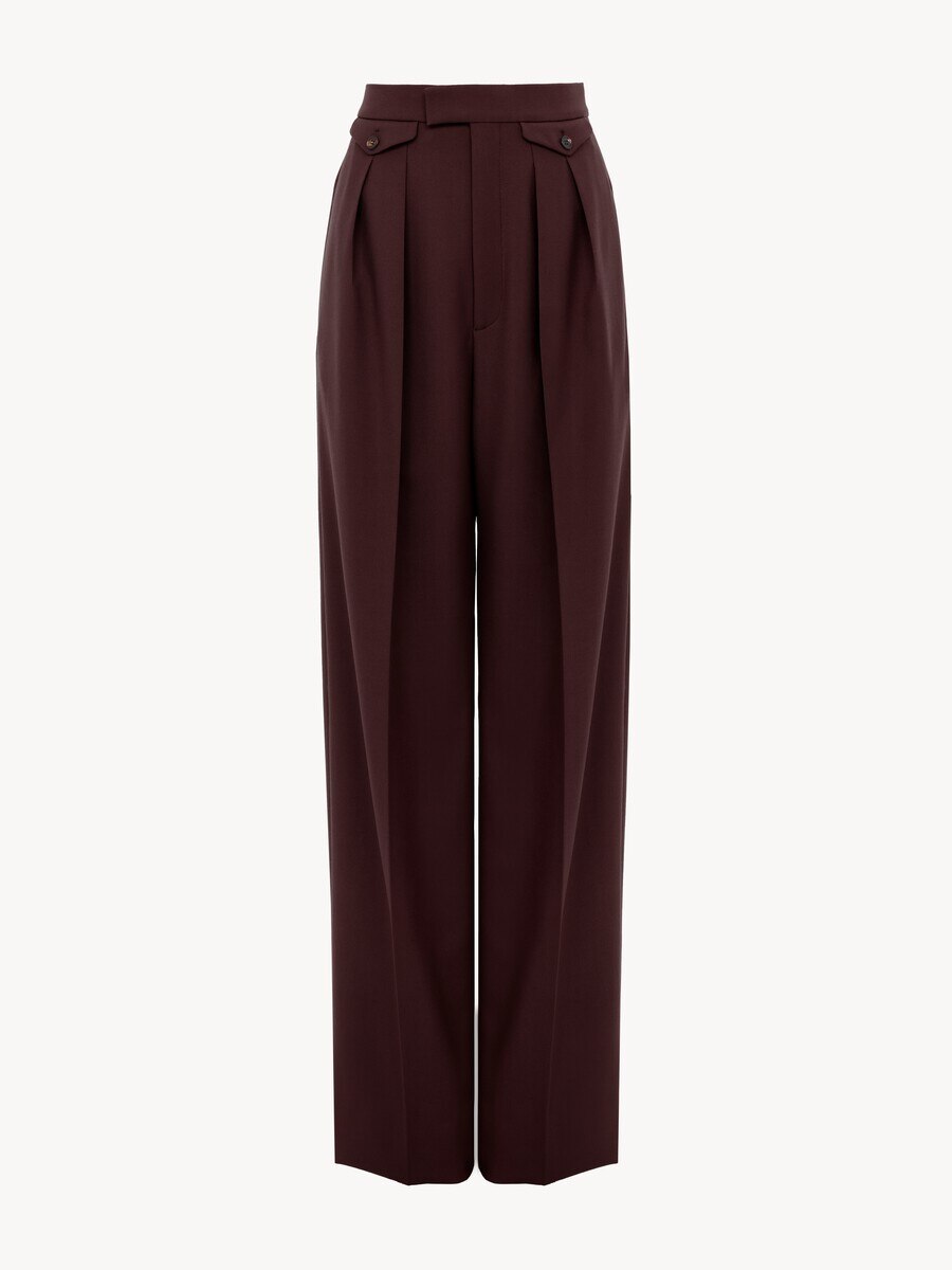 Pantalon taille haute fronc&eacute; en gabardine de laine - 2