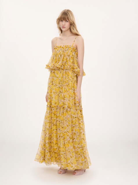 Robe longue &agrave; fines bretelles en mousseline de soie