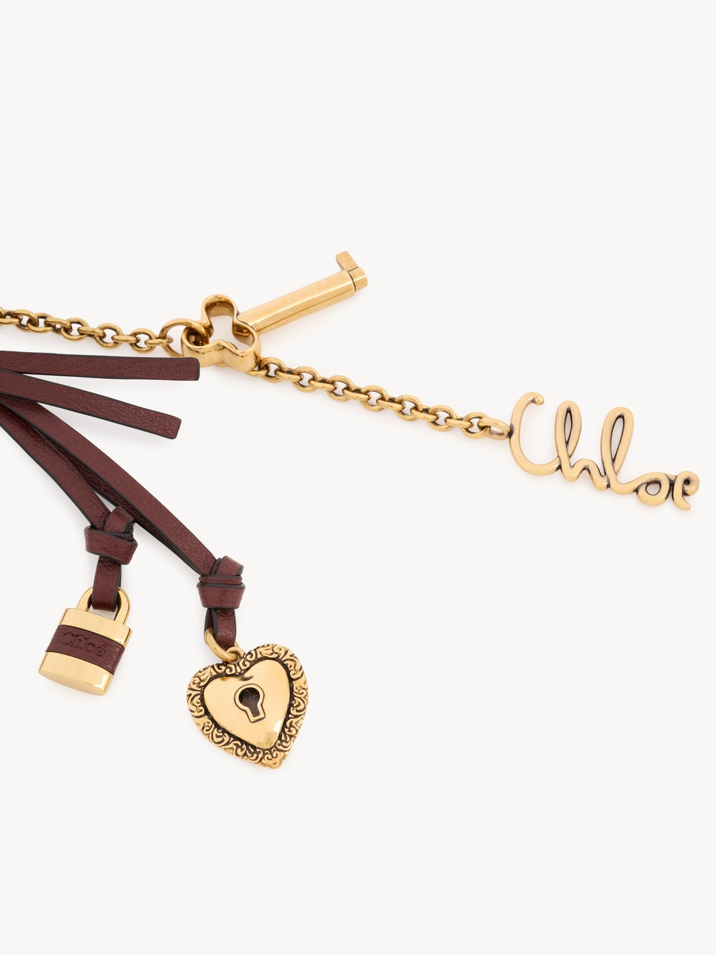 Chlo&eacute; Symbols Heart & Lock key ring bag charm in brass & leather - 3