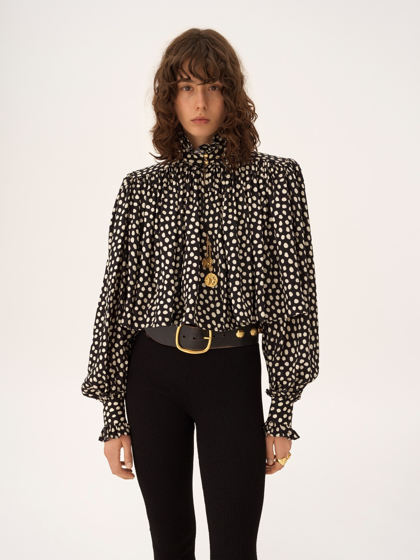 Top oversize fronc&eacute; col montant en soie jacquard - 6