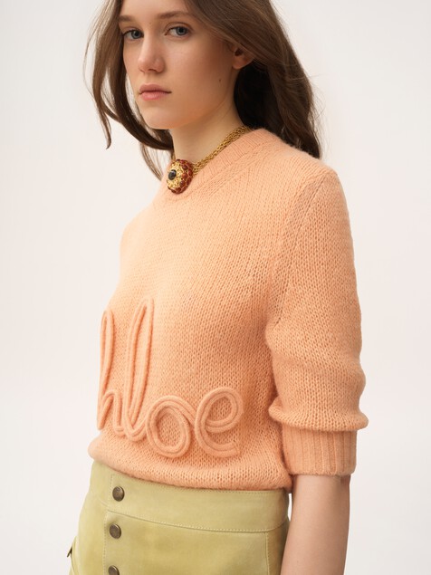 Elbow-sleeve logo sweater in alpaca wool & silk knit