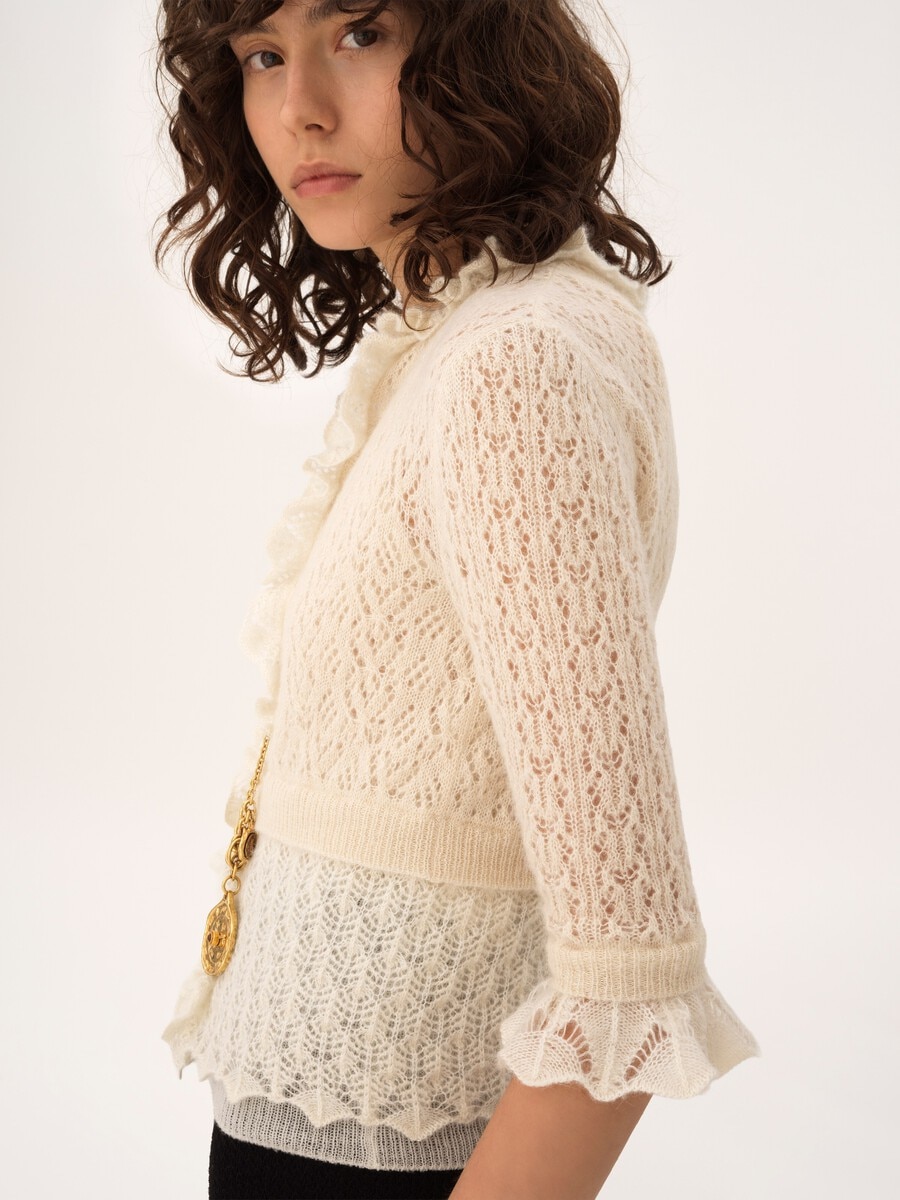 Pullover corto con volant in maglia di lana d&rsquo;alpaca e seta - 5