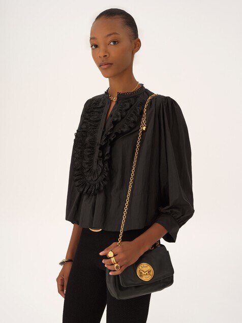 Gathered ruffled top in technical taffeta