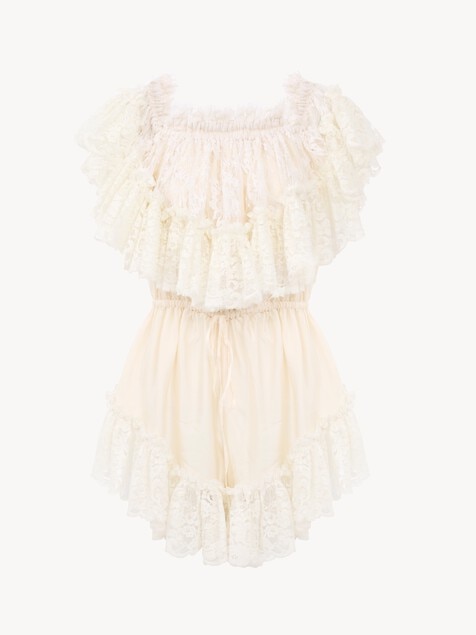 Mini off-the-shoulder playsuit in washed silk satin & lace