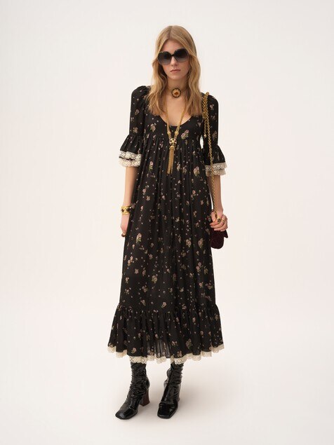 Vestido midi con cuello redondo de seda charmeuse y encaje