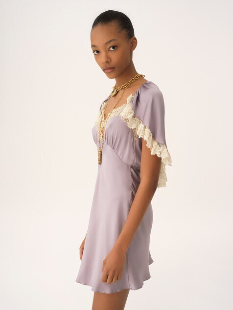 Mini cape dress in washed silk satin & lace