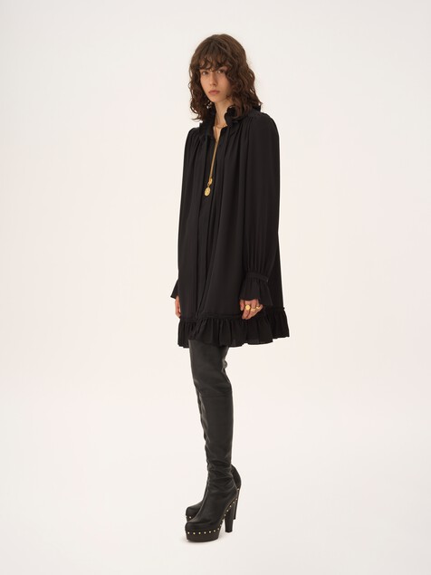 Long-sleeve mini dress in cr&ecirc;pe de chine