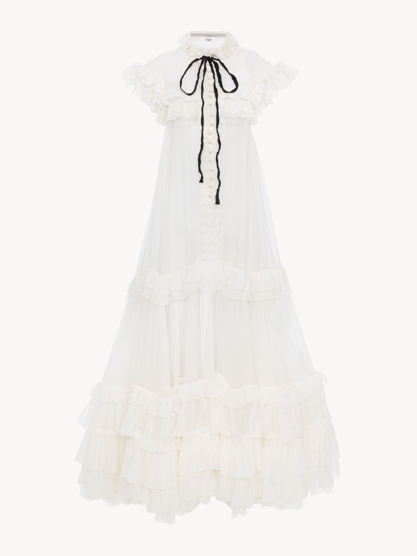 Robe longue &agrave; n&oelig;ud et volants en mousseline de soie et dentelle - 2.0