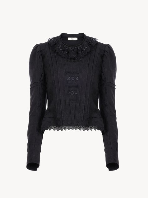 Fitted jacket in silk-blend jacquard & lace