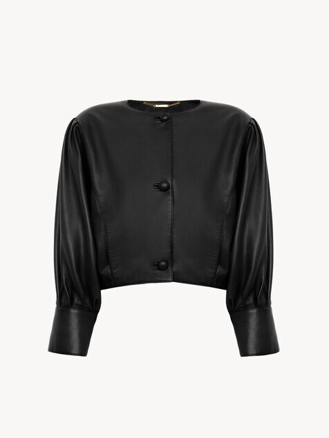 Cropped collarless jacket in leather