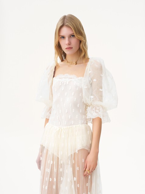 Square-neck top in embroidered lace