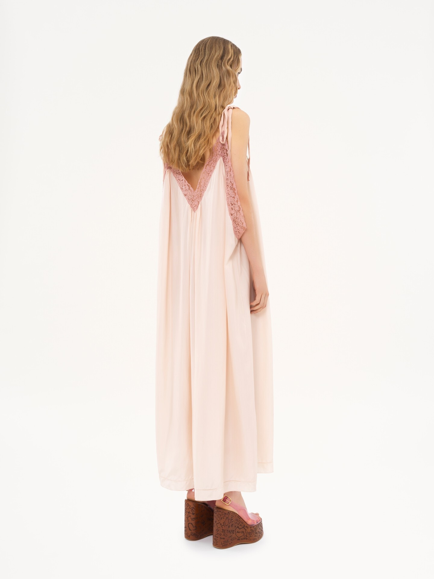Long slip dress in silk habotai & lace - 4
