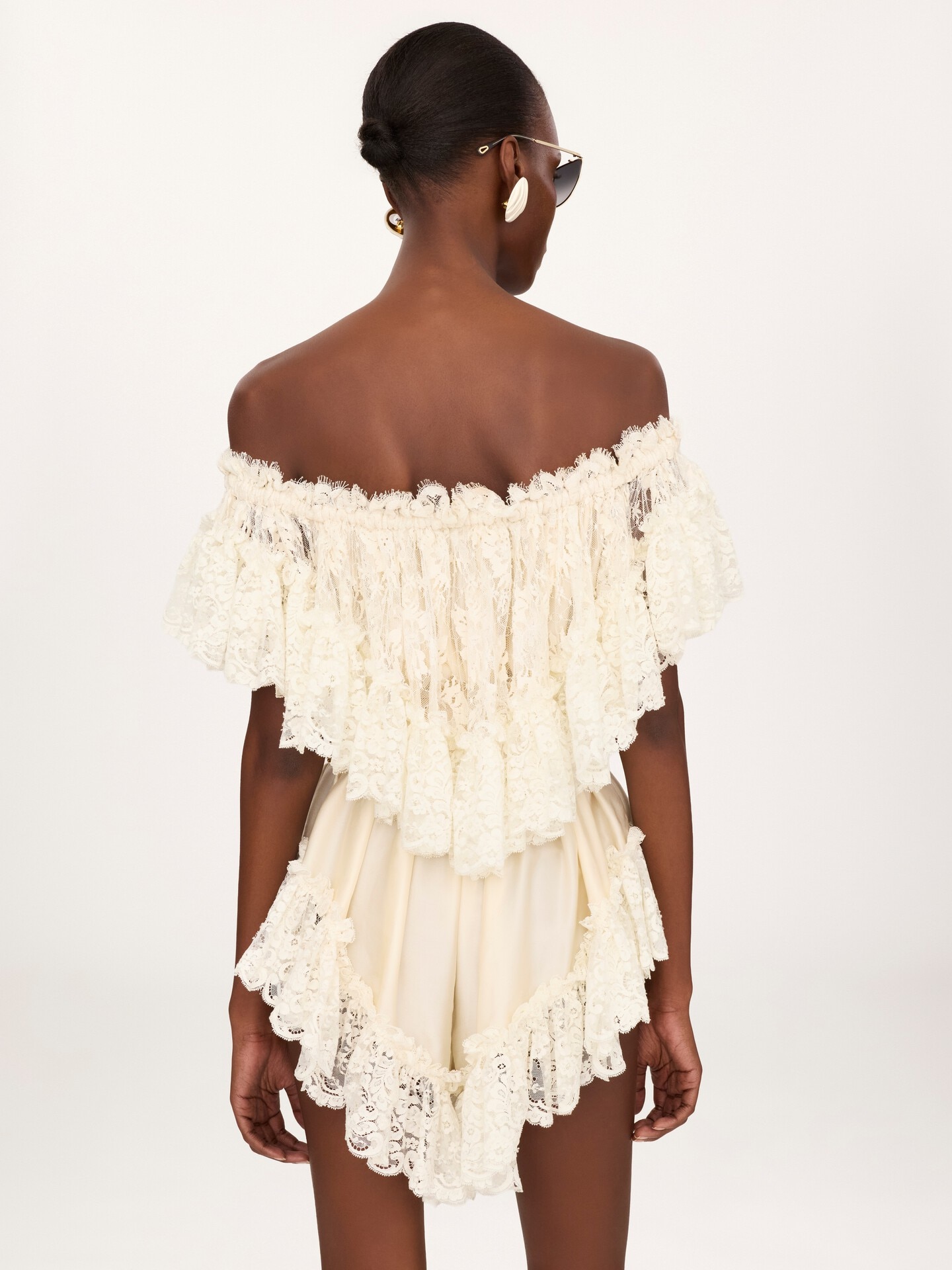 Off-the-shoulder mini jumpsuit in washed silk satin & lace - 5