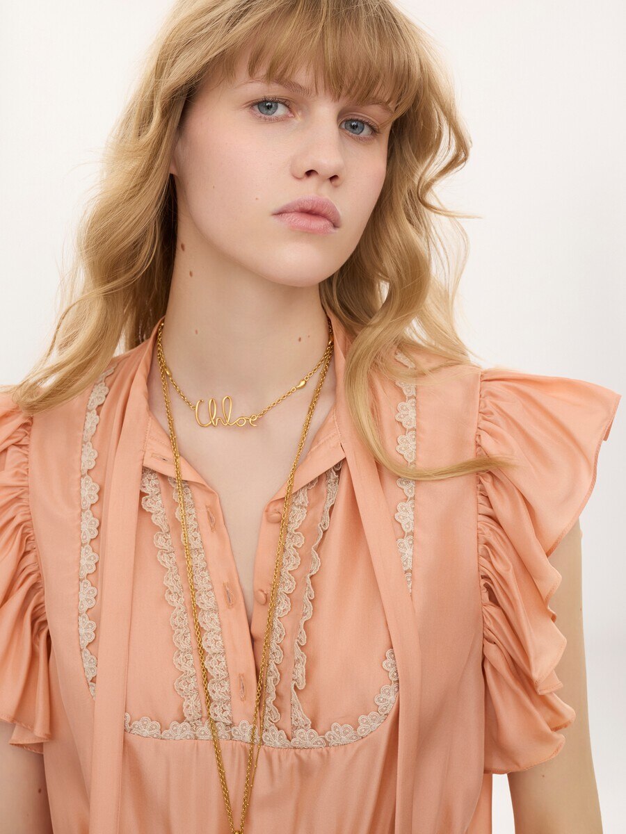 Short-sleeve ruffle top in washed silk habotai & lace - 8