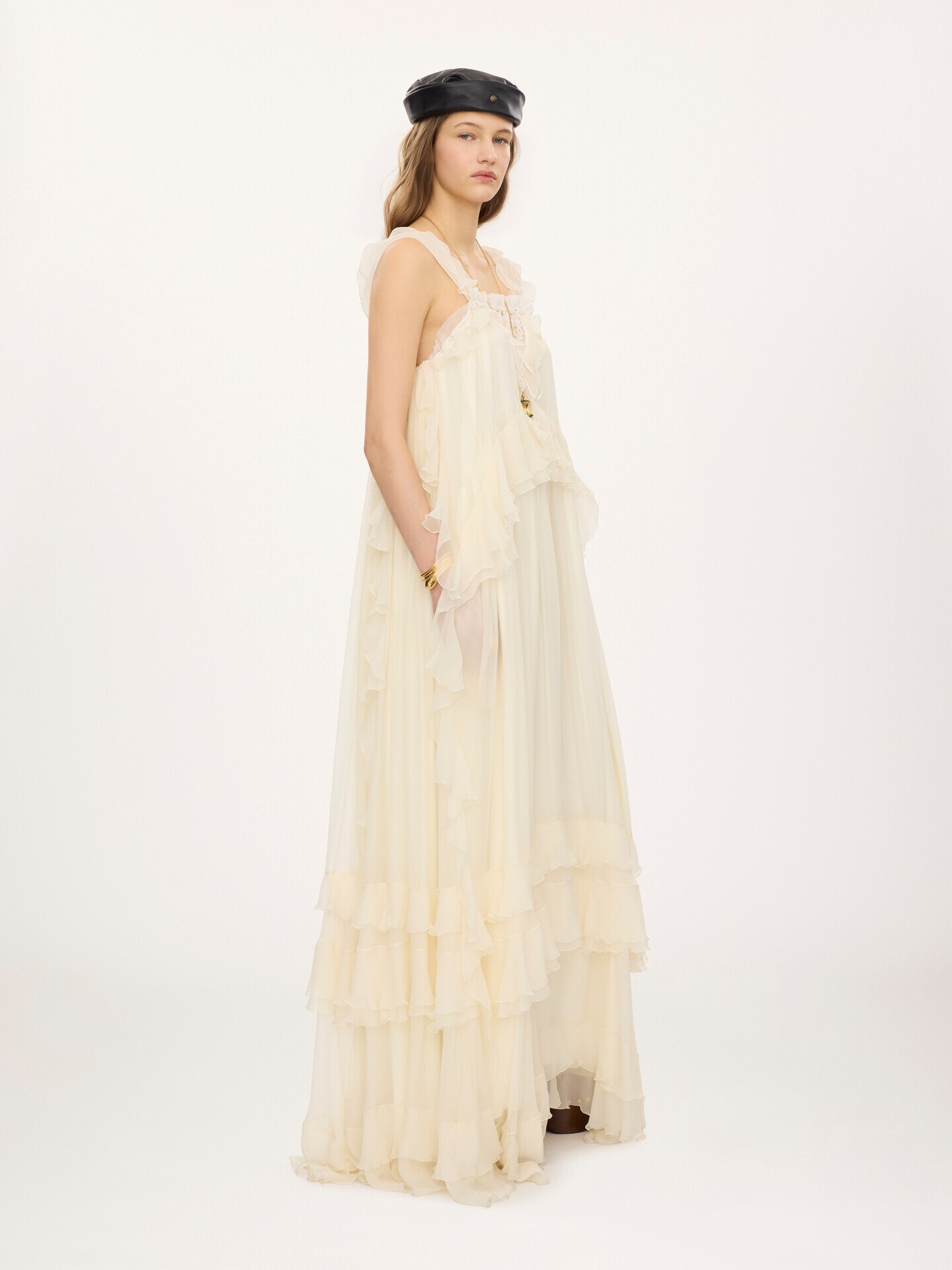 Sleeveless layered long dress in silk mousseline & lace - 4.0