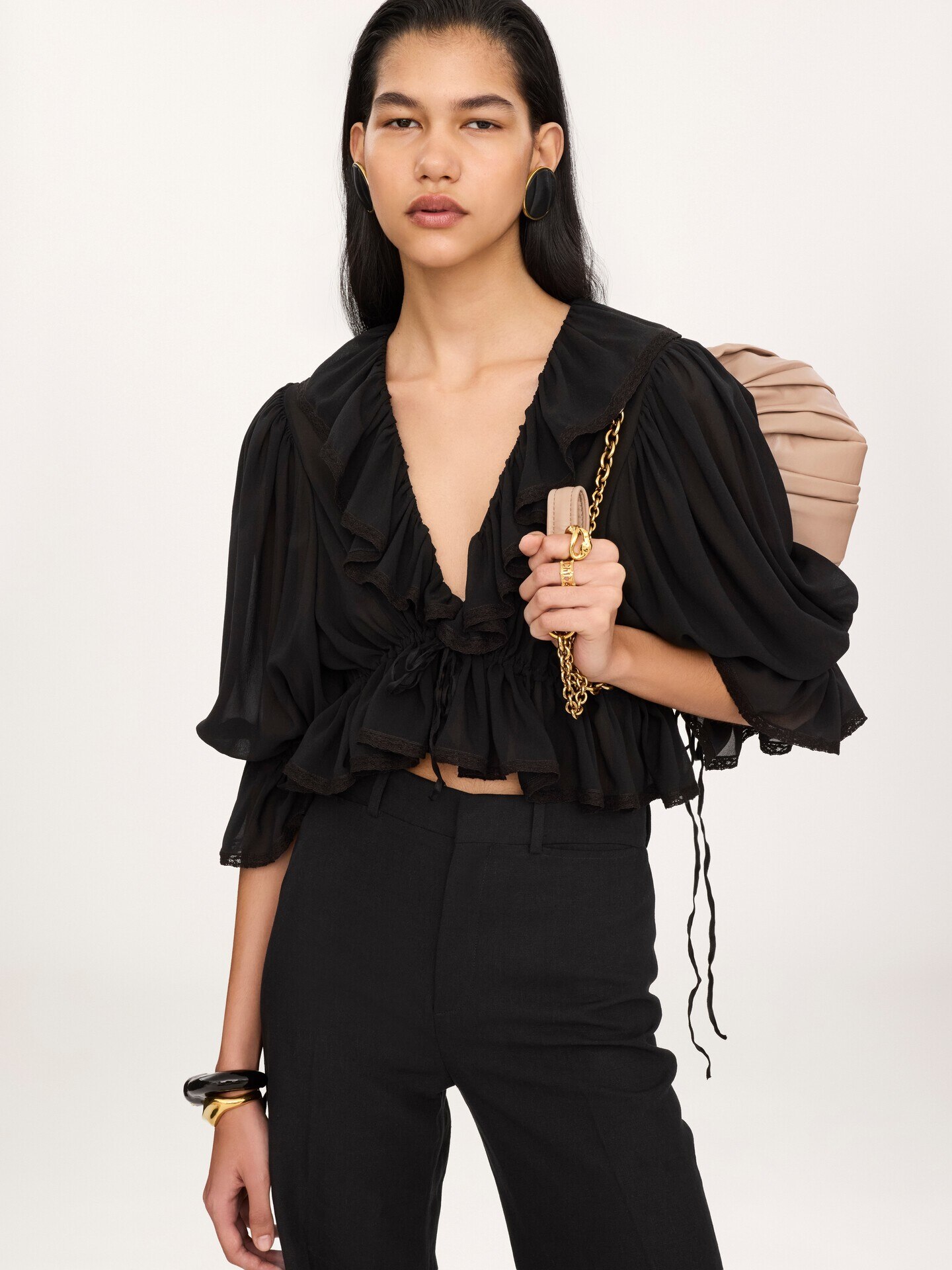Cropped V-neck ruffle top in silk georgette & lace - 3.0