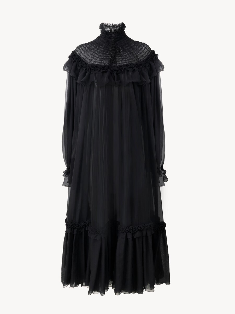 High-neck ruffled midi dress in silk mousseline - 2