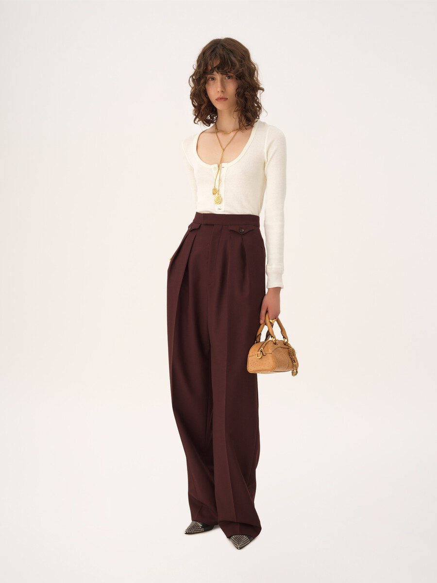 Pantalon taille haute fronc&eacute; en gabardine de laine - 3