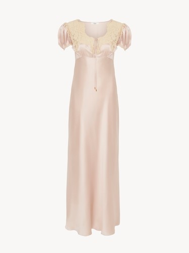 Puff-sleeve column dress in washed silk satin & lace - 2