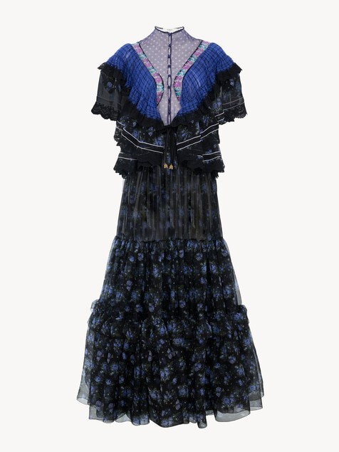 Ruffled long dress in silk mousseline & lace